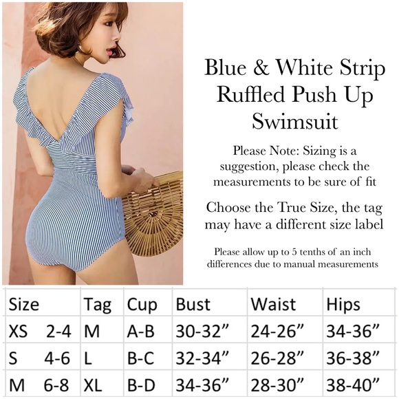 Retro Blue & White Strip Ruffled Push Up Swimsuit - Picture 16 of 16